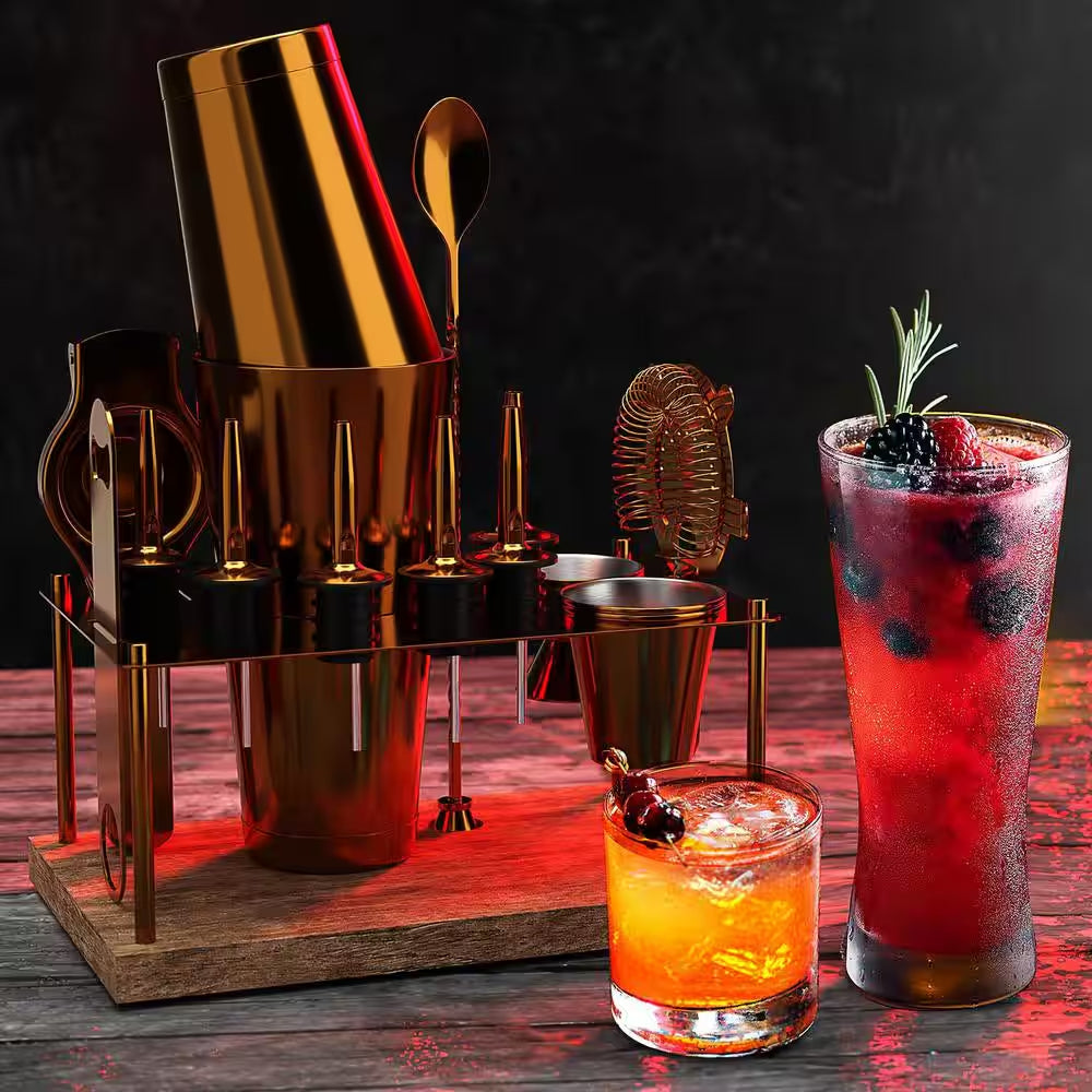 Premium 17-Piece Gold Bartender Kit with Wood Stand – Stainless Steel Cocktail Shaker Set
