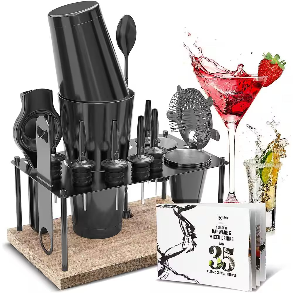 Premium 17-Piece Black Stainless Steel Bartender Kit with Wood Stand – Stainless Steel Cocktail Shaker Set