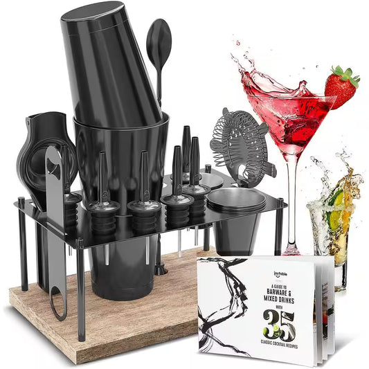 Premium 17-Piece Black Stainless Steel Bartender Kit with Wood Stand – Stainless Steel Cocktail Shaker Set