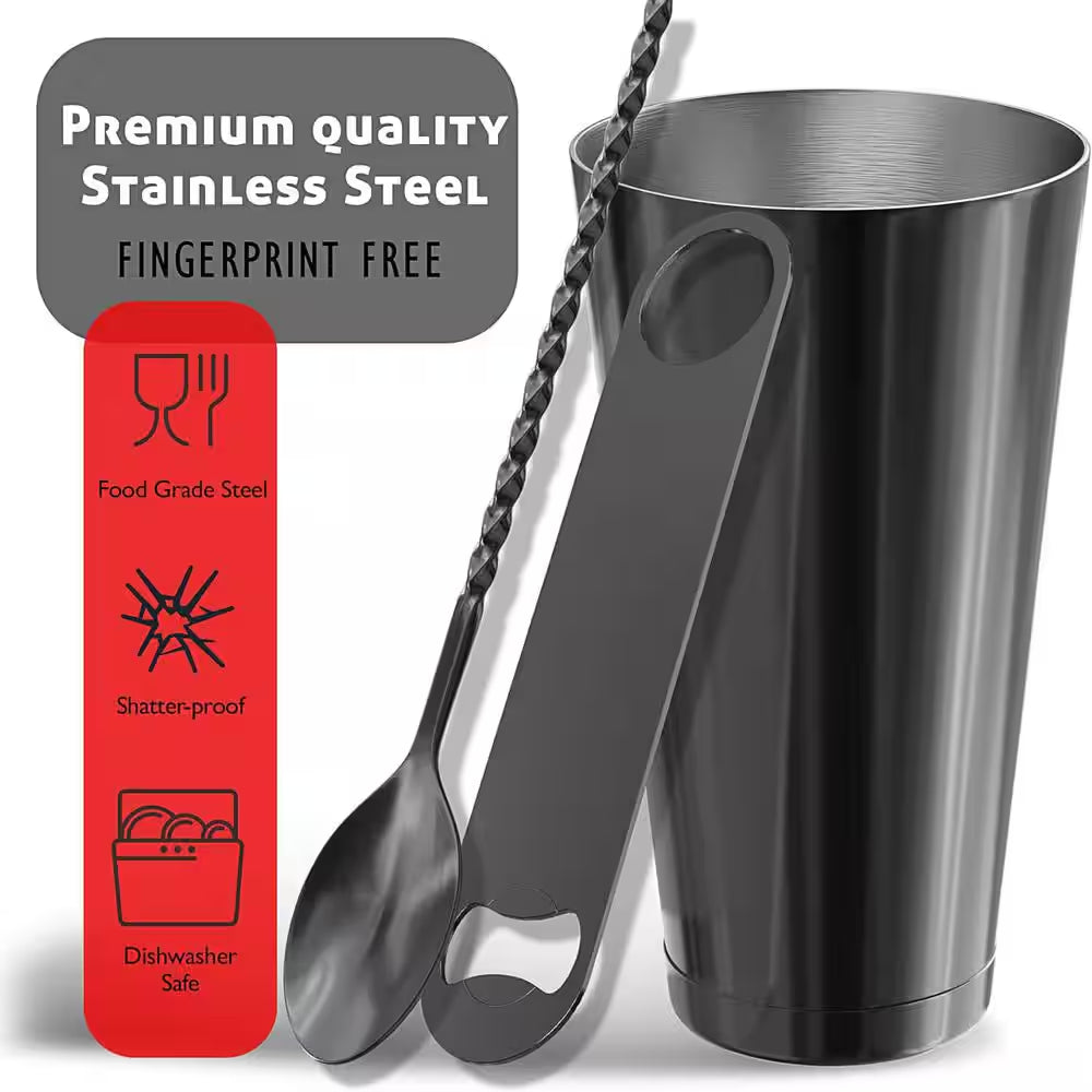 Premium 17-Piece Black Stainless Steel Bartender Kit with Wood Stand – Stainless Steel Cocktail Shaker Set