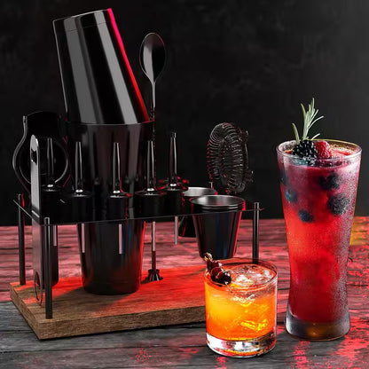 Premium 17-Piece Black Stainless Steel Bartender Kit with Wood Stand – Stainless Steel Cocktail Shaker Set