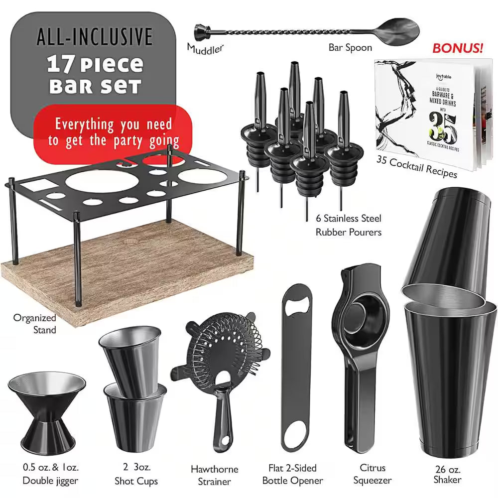 Premium 17-Piece Black Stainless Steel Bartender Kit with Wood Stand – Stainless Steel Cocktail Shaker Set