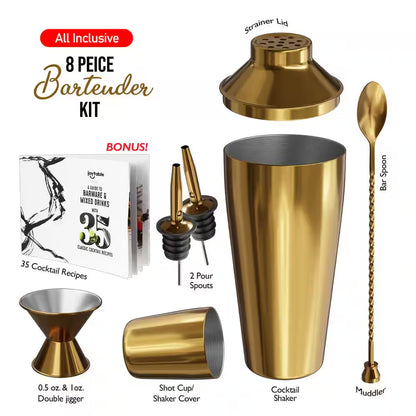 8-Piece Gold Stainless Steel Cocktail Shaker Set – Bartender Kit