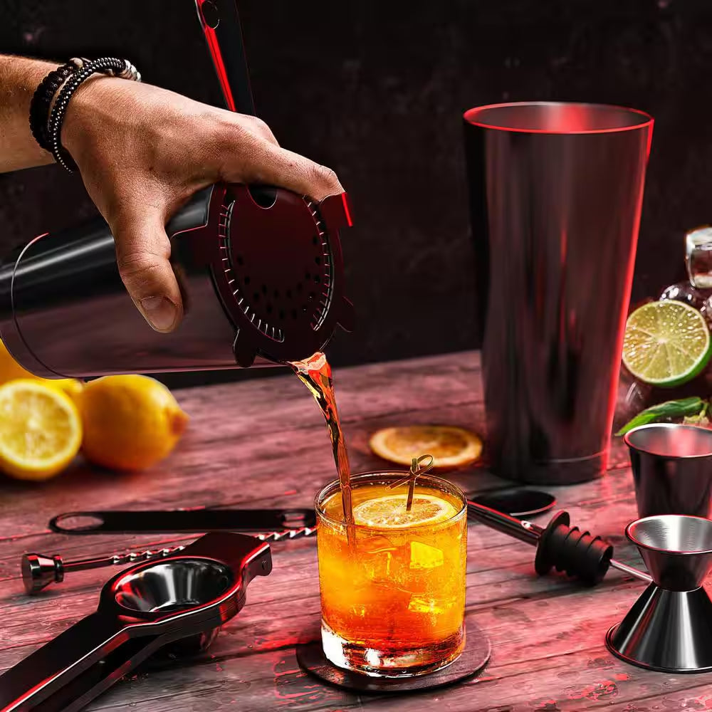 Premium 17-Piece Black Stainless Steel Bartender Kit with Wood Stand – Stainless Steel Cocktail Shaker Set