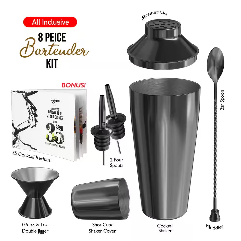 8-Piece Black Stainless Steel Cocktail Shaker Set – Bartender Kit