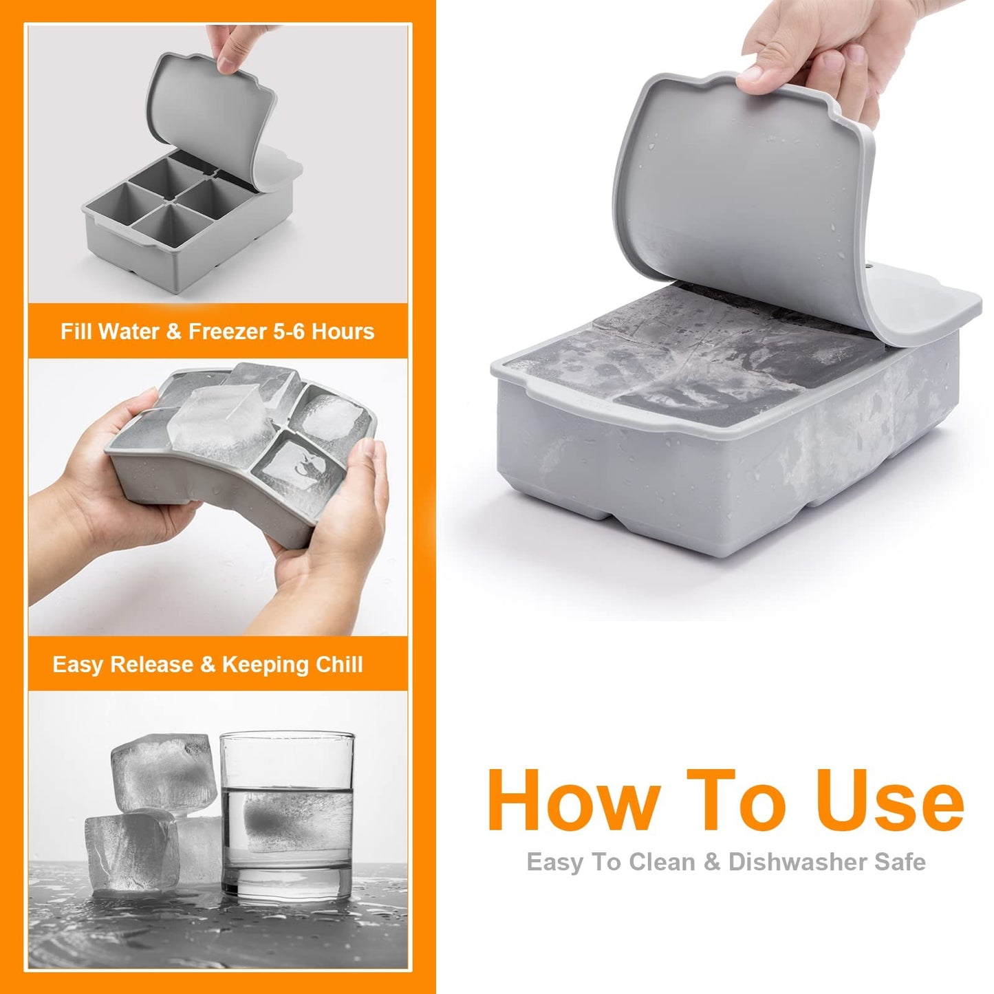 Large Ice Cube Tray Removable Lid, Big Silicone Square Ice Cube Mold