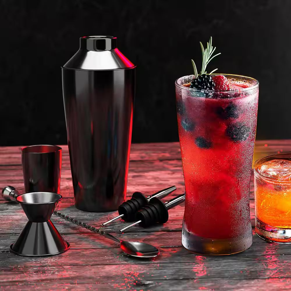 8-Piece Black Stainless Steel Cocktail Shaker Set – Bartender Kit
