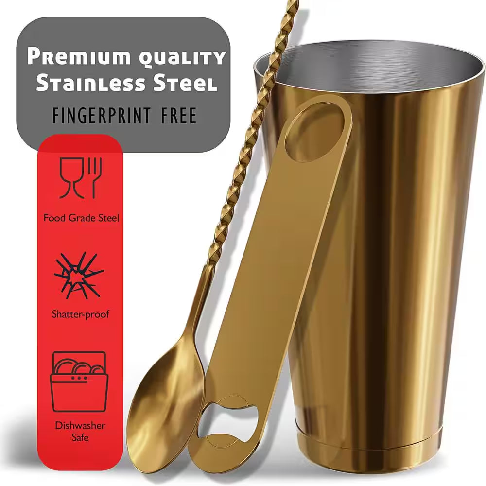 Premium 17-Piece Gold Bartender Kit with Wood Stand – Stainless Steel Cocktail Shaker Set
