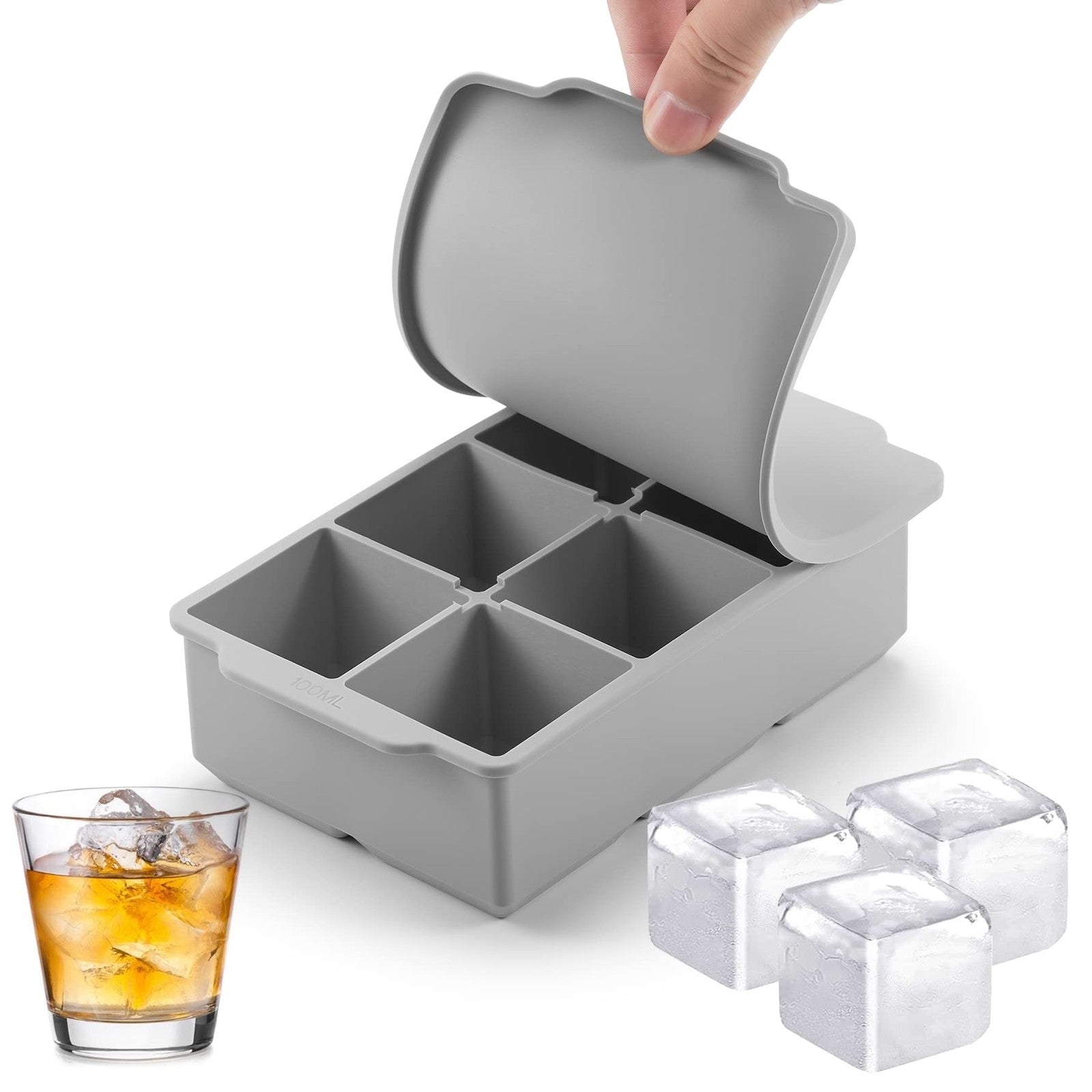 Large Ice Cube Tray Removable Lid, Big Silicone Square Ice Cube Mold