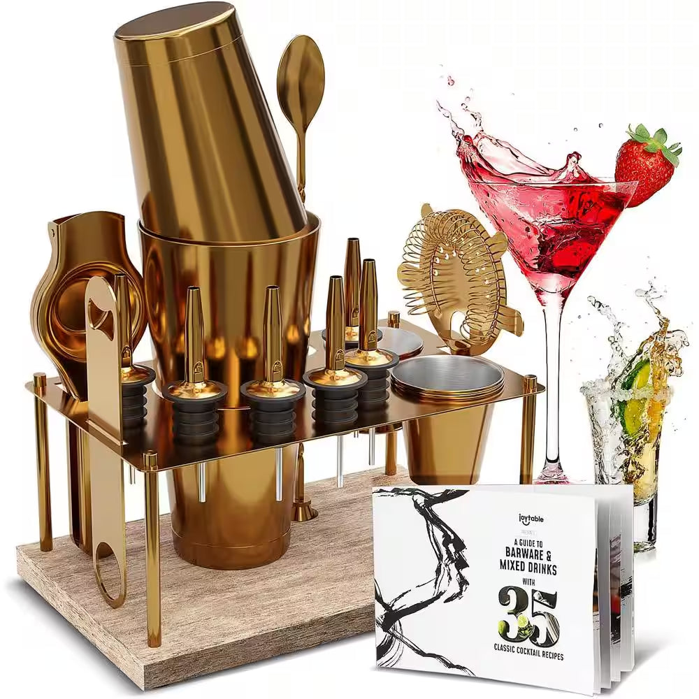 Premium 17-Piece Gold Bartender Kit with Wood Stand – Stainless Steel Cocktail Shaker Set