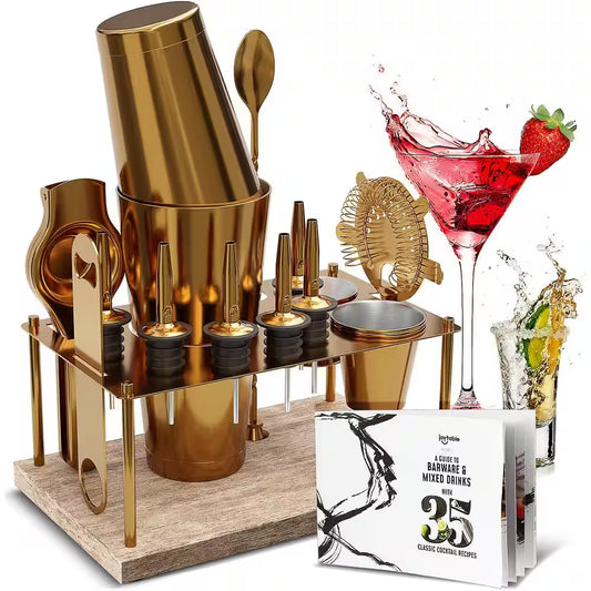 Premium 17-Piece Gold Bartender Kit with Wood Stand – Stainless Steel Cocktail Shaker Set