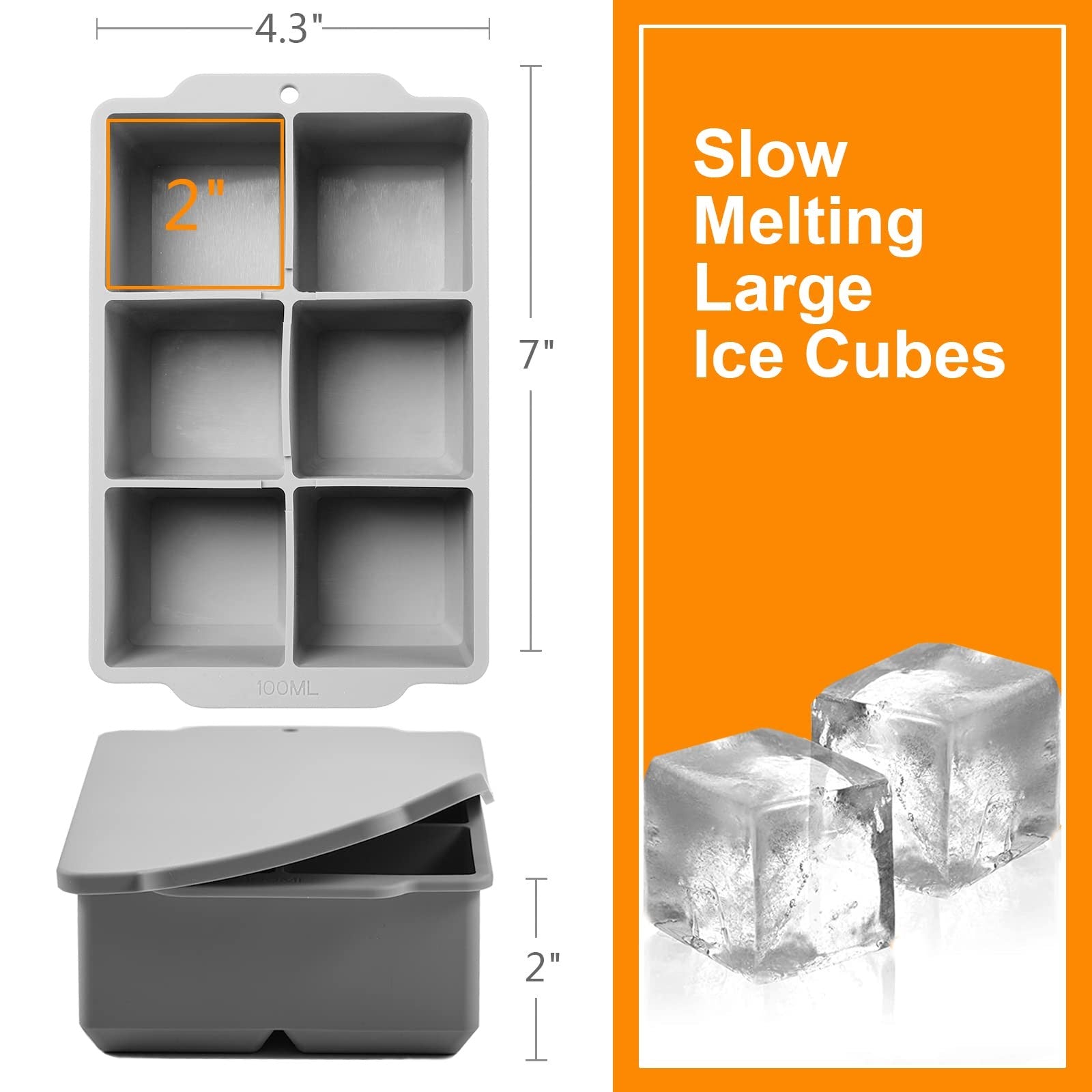 Large Ice Cube Tray Removable Lid, Big Silicone Square Ice Cube Mold