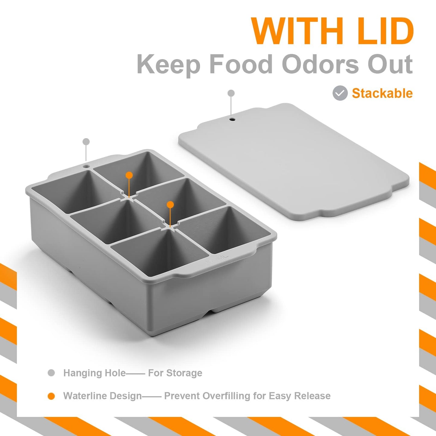Large Ice Cube Tray Removable Lid, Big Silicone Square Ice Cube Mold