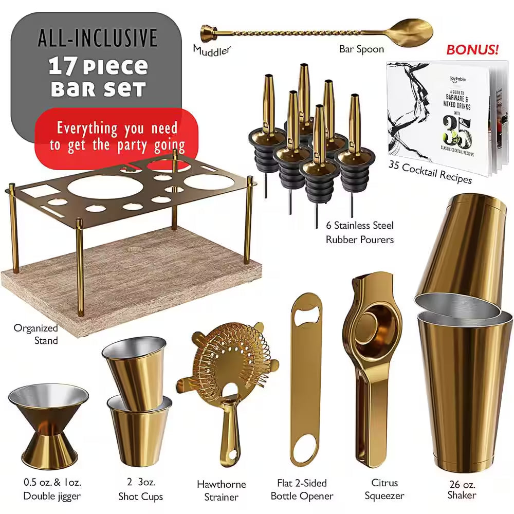 Premium 17-Piece Gold Bartender Kit with Wood Stand – Stainless Steel Cocktail Shaker Set